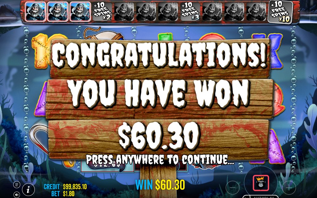 Win screen showing payline wins on the 10 paylines